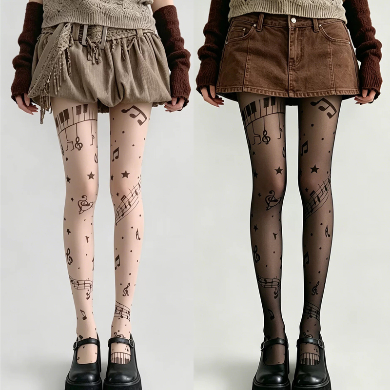 Tights Pantyhose Sheer - Meia-calça Transparente com Estampa de Notas