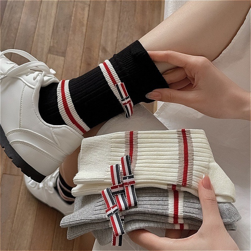 Cotton Crew Sock Pack - Meias femininas com laço listrado em