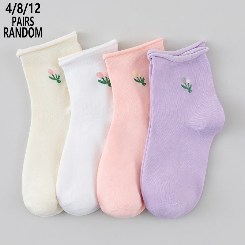 Cotton Crew Sock Pack - Pacotes de 4/8/12 Meias Florais Femininas