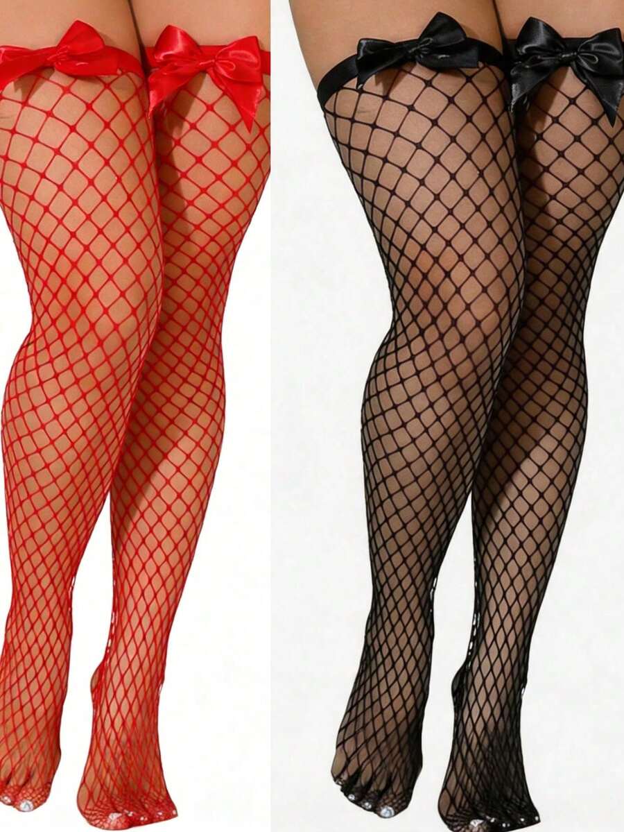 Fishnet Stocking Women - Meias de Rede com Laço Decorativo,
